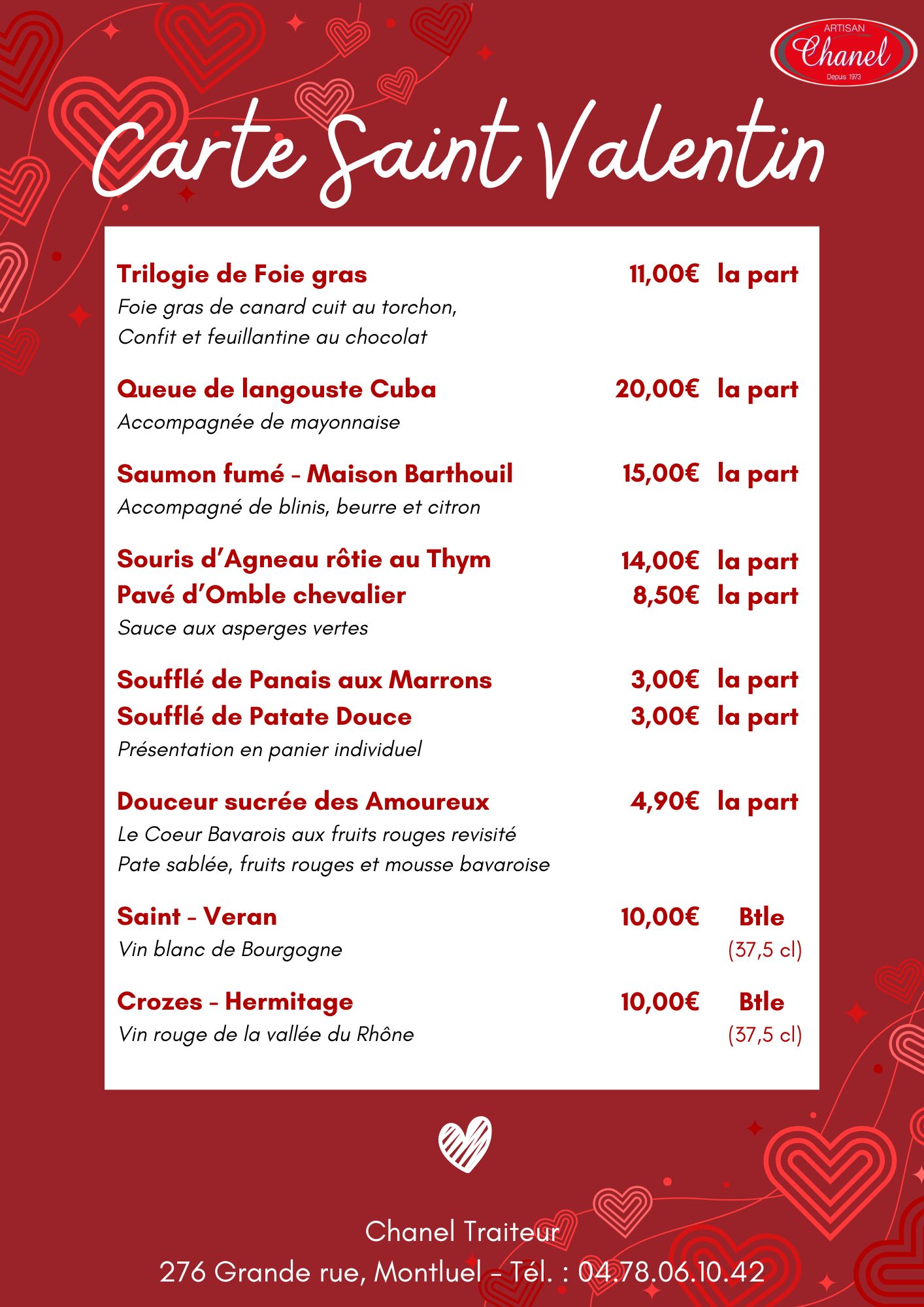 Carte Saint Valentin 2024 Traiteur CHANEL La cotière