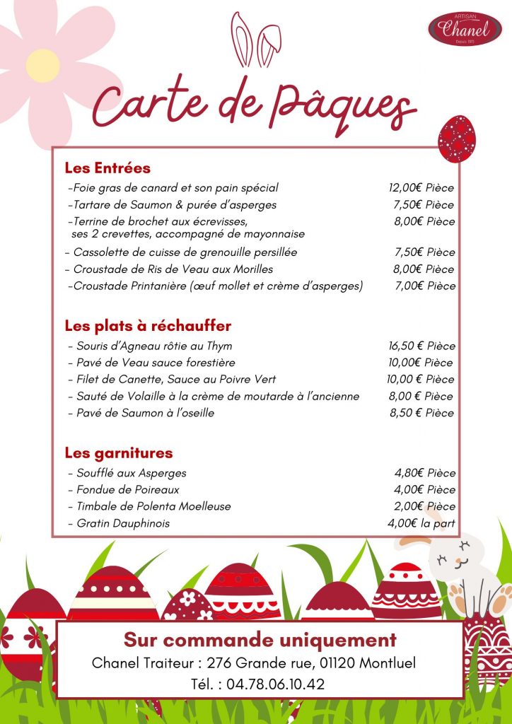 Menu Paques-Traiteur CHANEL- Plats préparés faits maison - Beynost Montluel